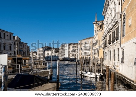 View of the Grand Canal, a channel in Venice, Italy, that forms one of the major water-traffic corridors through the central districts of the city