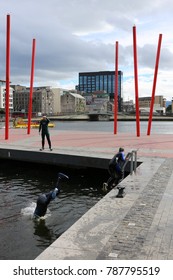 View Of The Grand Canal Theater Of Dublin Ireland Also Called The Bord Gáis Energy Theatre. Red Fine Columns Are Placed In The Ground Of The Place. The Picture Has Been Taken On 6th August 2016.