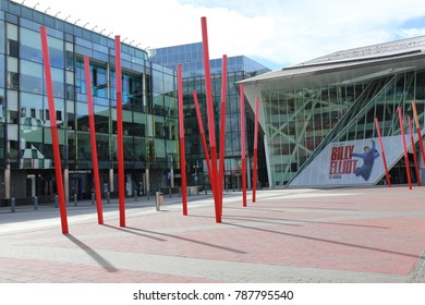 View Of The Grand Canal Theater Of Dublin Ireland Also Called The Bord Gáis Energy Theatre. Red Fine Columns Are Placed In The Ground Of The Place. The Picture Has Been Taken On 6th August 2016.