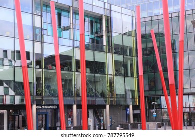 View Of The Grand Canal Theater Of Dublin Ireland Also Called The Bord Gáis Energy Theatre. Red Fine Columns Are Placed In The Ground Of The Place. The Picture Has Been Taken On 6th August 2016.