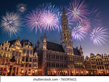 View of the Grand Place (Grote Markt) at night with fireworks on the black skyin Brussels, Belgium