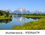 View of Grand Teton National Park over the Snake River in Wyoming