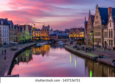 View of Graslei, Korenlei quays and Leie river in the historic city center in Ghent (Gent), Belgium. Architecture and landmark of Ghent. Sunset cityscape of Ghent. - Shutterstock ID 1437136751