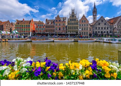 View of Graslei, Korenlei quays and Leie river in the historic city center in Ghent (Gent), Belgium. Architecture and landmark of Ghent. Cityscape of Ghent. - Shutterstock ID 1437137948