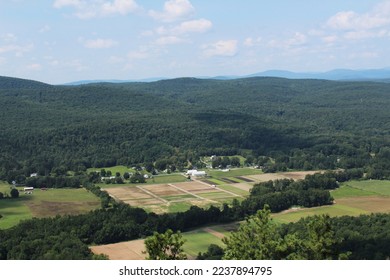 View of grassy fields with forested mountains in the background, as seen from atop a mountain