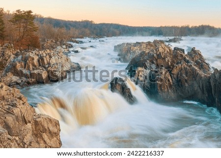 View of the Great Falls of the Potomac River at winter dawnView of the Great Falls of the Potomac River at winter dawn. Virginia. USA
