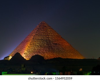 View Of The Great Pyramid Of Giza Illuminated At Night. In Cairo, Egypt 