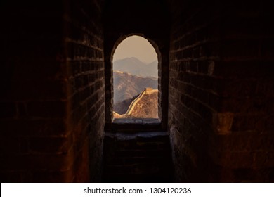 The view of the Great Wall through the window opeing, China, Badaling.