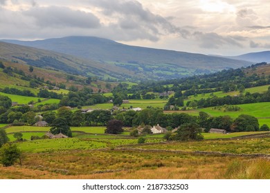 View Of The Green Hills In Yorkshire Dales, Cumbria. Rural Landscape, North UK.