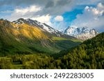 View of the green trees, alpine valley and mountain ridge with snowy peak under beautiful sky in France.