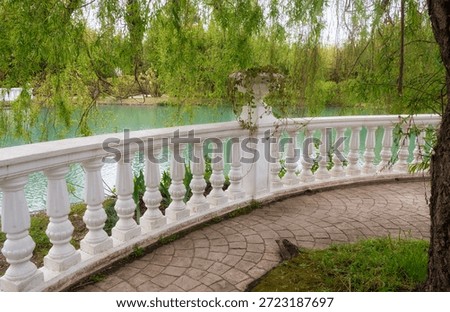 The view of green willow tree and white stone balustrade on the promenade along the Big pong in the Southern Cultures park. Sirius. Krasnodar Krai. Russia