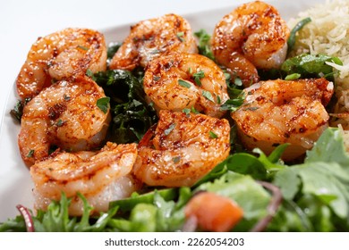 A view of a grilled shrimp entree.