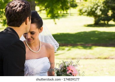 View of a groom kissing his beautiful bride at the park