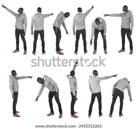 view of a group of same man pointing fingers everywhere on white background