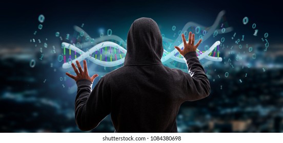 View of a Hacker activating a 3d rendering data coded Dna with binary file around