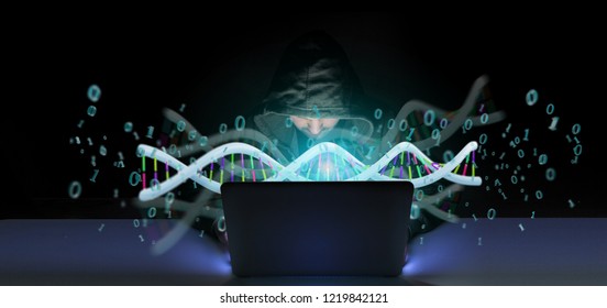 View of a Hacker activating a 3d rendering data coded Dna with binary file around