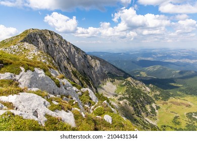 view from Hajla peak of Rugova valley and mountains and Prokletije national park in Northern Kosovo along the border to Montenegro