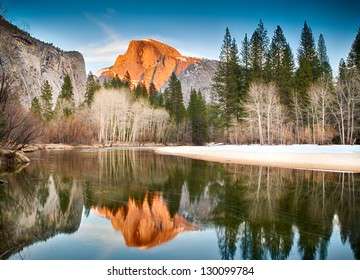 View Of Half Dome At Sunset Reflected In The Merced River