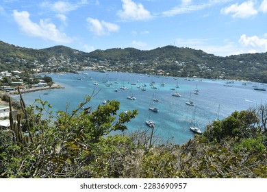 View from Hamilton Fort overlooking Admiralty Bay and Port Elizabeth harbour in Bequia island, St Vincent and the Grenadines,   Caribbean Sea region of Lesser Antilles
