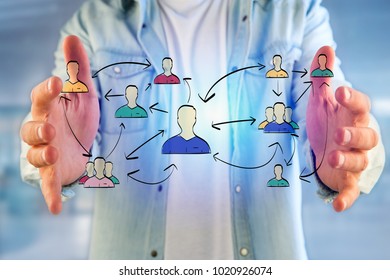 View of a Hand drawn network interaction with different group of people on a futuristic interface