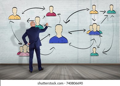 View of a Hand drawn network interaction with different group of people on a futuristic interface