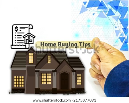 View of hand holding ice cream stick with text Home buying tips, icon and house on white background 