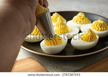 A view of a hand using a piping bag, making some deviled eggs.