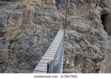 The view of hanging bridge, the Kaiserjager Path starting at the Falzarego pass, Dolomites, Italian Alps.