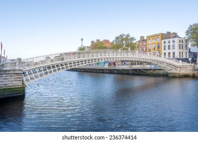 View Of Hapenny Bridge Over Liffey River In Dublin, Ireland