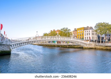 View Of Hapenny Bridge Over Liffey River In Dublin, Ireland