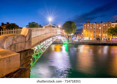 View Of Hapenny Bridge Over Liffey River In Dublin, Ireland