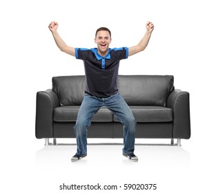 A view of a happy sport fan against white background