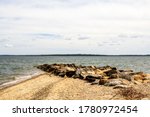 View of the harbor, beach and rocky headland in East Greenwich, Rhode Island