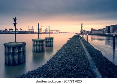 The view of the harbor during sunset 