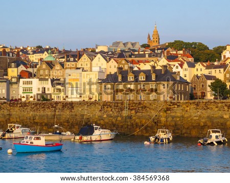 View of harbor Saint Peter Port at sunrise. Bailiwick of Guernsey, Channel Islands
