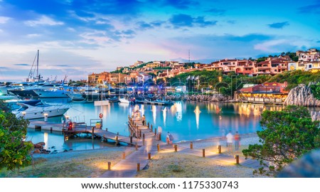 View of harbor and village Porto Cervo, Sardinia island, Italy