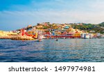 View of the harbour and port at Ponza, Lazio, Italy. Ponza is the largest island of the Italian Pontine Islands archipelago. Architecture and landmark of Ponza, Italy. Famous places of Ponza and Italy