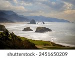 View of Haystack Rock from Ecola State Park. Known for some of the best views on the Oregon Coast and Haystack Rock, Ecola State Park is an ideal spot to watch enormous storm waves roll in.