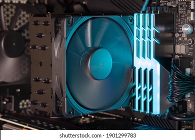 View Of Heatsink Fan For CPU On Computer Motherboard