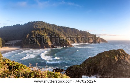 View from the Heceta Head lighthouse overlooking scenic Cape Cove on the Oregon pacific coast line.