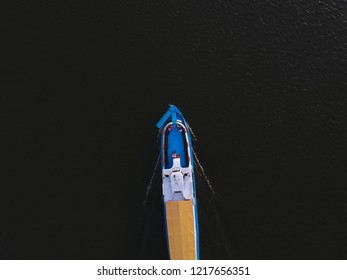 View from the height of a floating ship on the river, around the forest