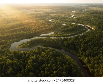 View from a height of a flying drone on a summer landscape. Lake and river, field and forest. - Powered by Shutterstock