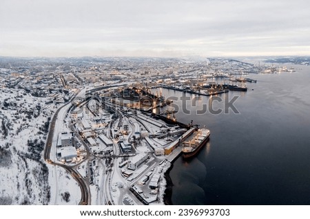 View from height on the port of Murmansk in the morning aerial photography . Murmansk region, Russia. northern sea way