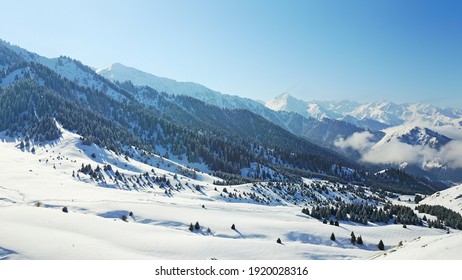 View from the height of the snowy mountains and forest. Huge clouds cover the hill in the distance. People are visible in places. Someone is running, resting, having a picnic or climbing to the top. - Powered by Shutterstock