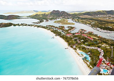 View from a helicopter to Jolly Beach and Jolly Harbor in Antigua. - Shutterstock ID 767378656