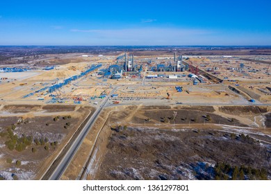 View From The Helicopter On The Amur GPP. Russian Gas Processing Plant In The Far East. Factory Territory. The Final Part Of The Pipeline 