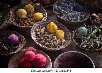 View of herbs and flowers used to create dye for yearn In Peru.