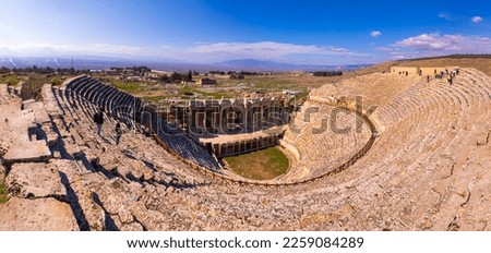 View of the Hierapolis Ancient Theater and its visitors. Pamukkale, Denizli.