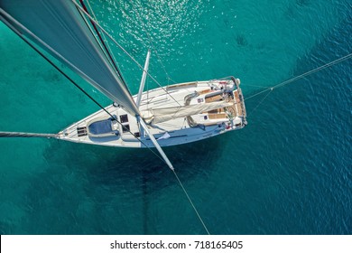 View From High Angle Of Sailing Boat. Aerial Photography Of Ship Deck, Shot From Main Spar.