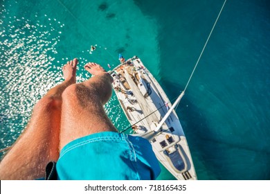 View From High Angle Of Sailing Boat. Aerial Photography Of Ship Deck, Shot From Main Spar.